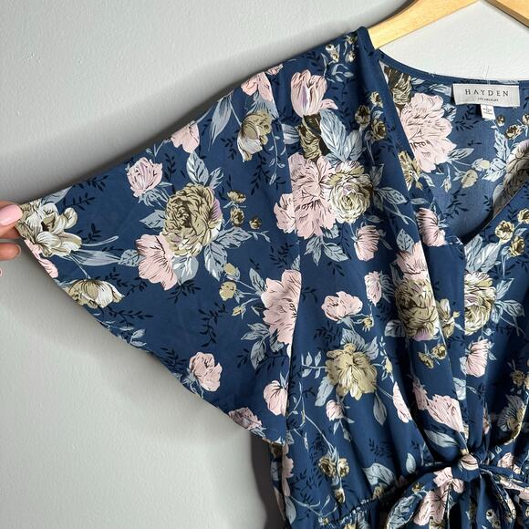 Hayden Los Angeles Blue Floral Flutter Sleeve Tie Front V Neck Maxi Dress Size L - Picture 5 of 8
